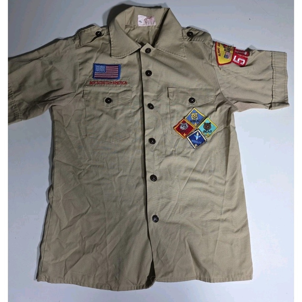 BOY SCOUTS OF AMERICA Official Tan Uniform Shirt~Boy's‎ Size LARGE 14 Vintage